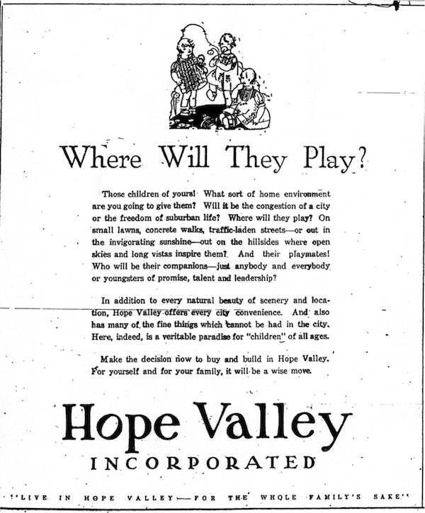 1920s Advertisement from Hope Valley,  the first 