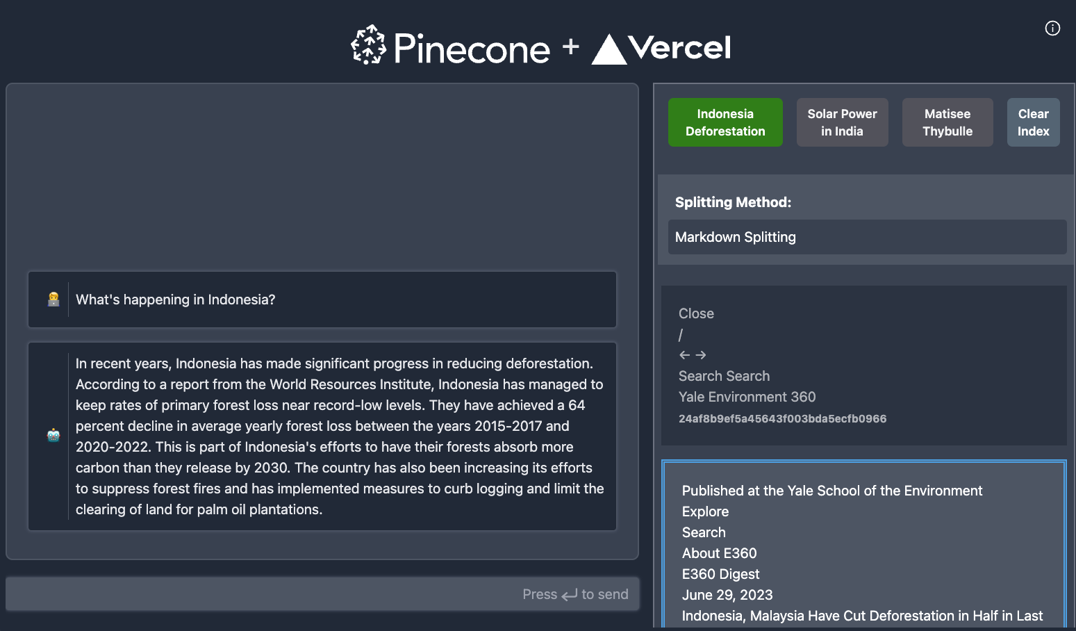 Pinecone - Vercel AI SDK Starter