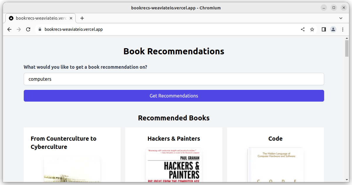 Demo of BookRecs: Next.js + Weaviate Starter