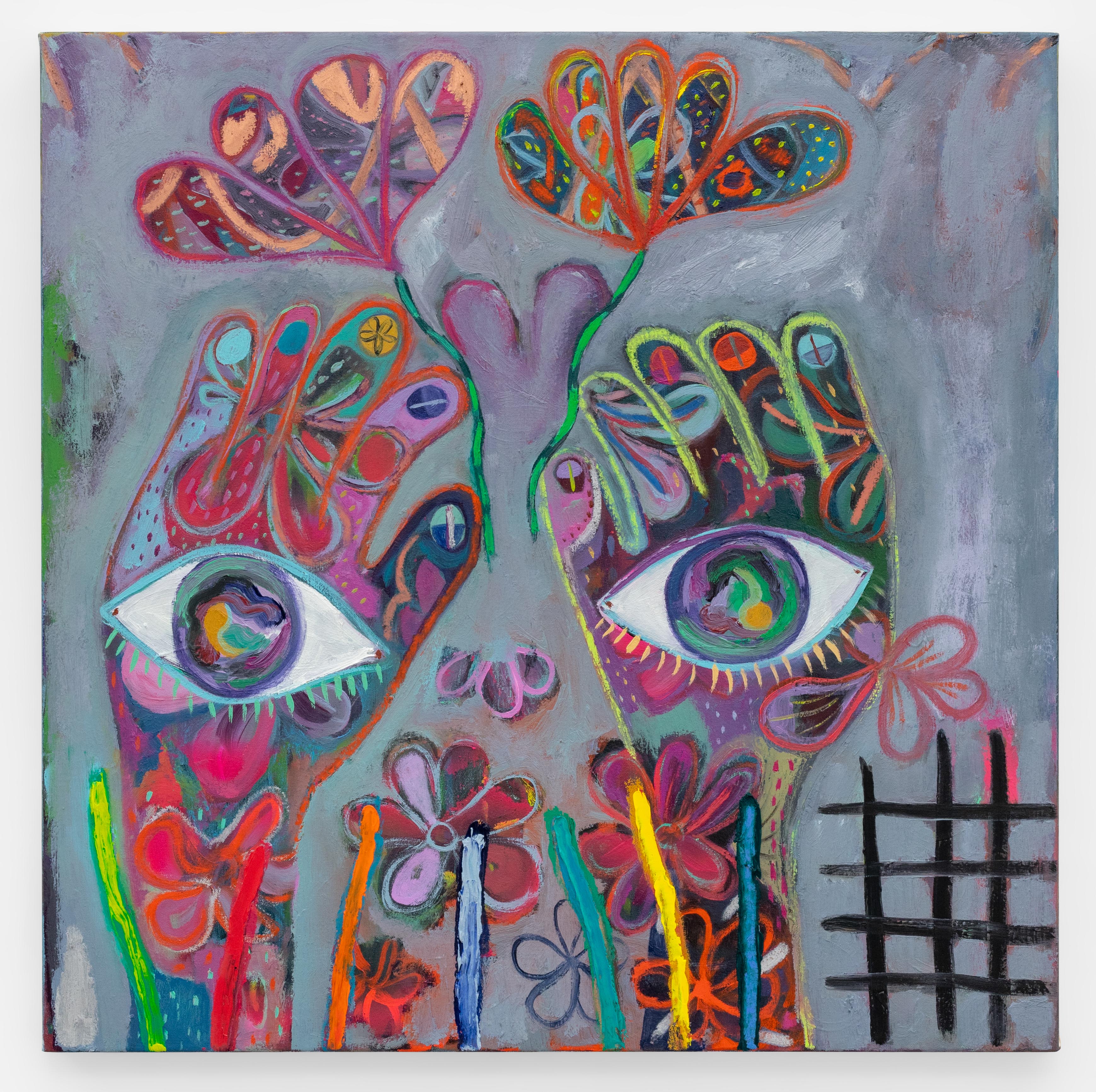 Hearts of Those Who Pierced Time's Core, 2021, Oil, spray paint and oil pastels on canvas, 65x65 cm (25.5x25.5 inches)