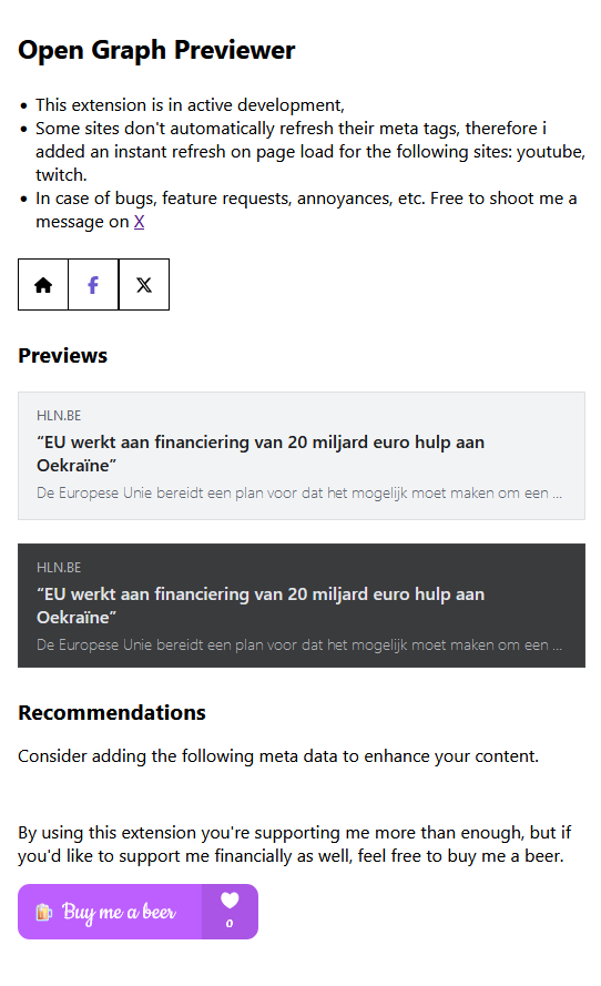 Example of how the open graph previewer extension looks like