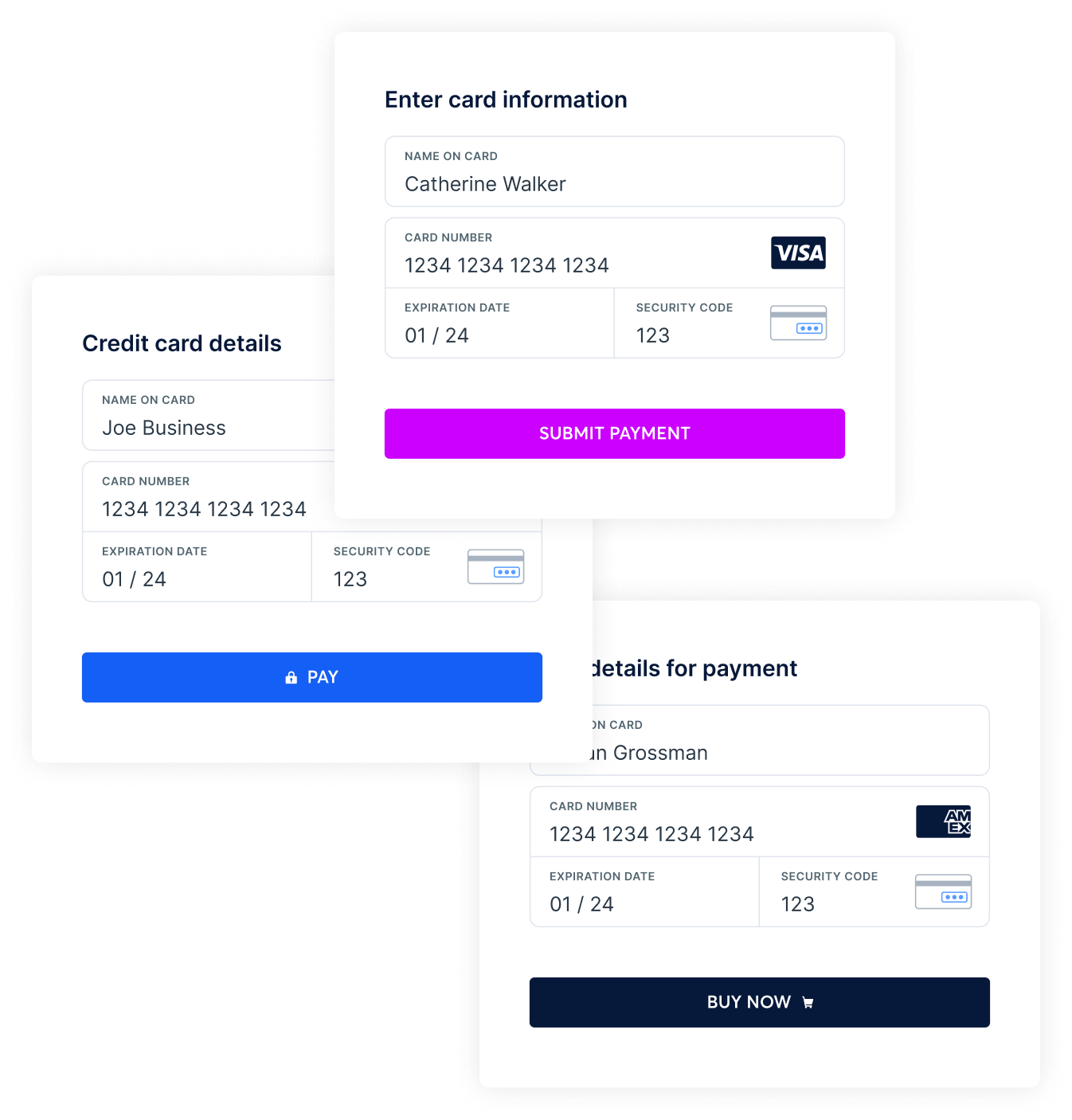 Examples of credit card forms with the details entered in the form fields.