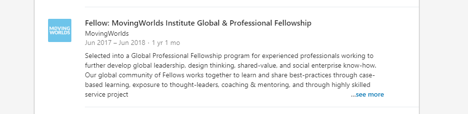 Sample description for experience section on LinkedIn for Fellowship