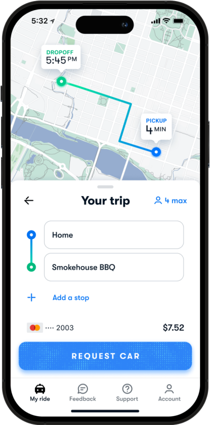 Smartphone app screen for Waymo route