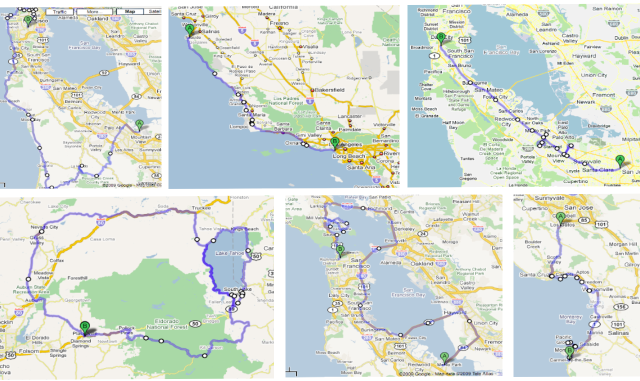 Five maps highlighting routes from some of the Google's Self-Driving Car Projects earliest routes driven autonomously. The routes include areas around the Bay Area, Los Angeles, and Lake Tahoe. 