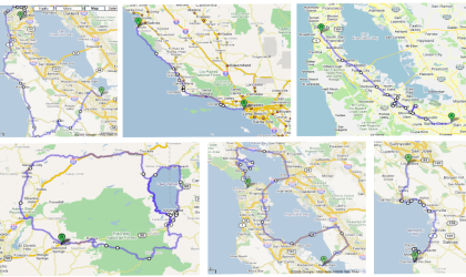Five maps highlighting routes from some of the Google's Self-Driving Car Projects earliest routes driven autonomously. The routes include areas around the Bay Area, Los Angeles, and Lake Tahoe. 