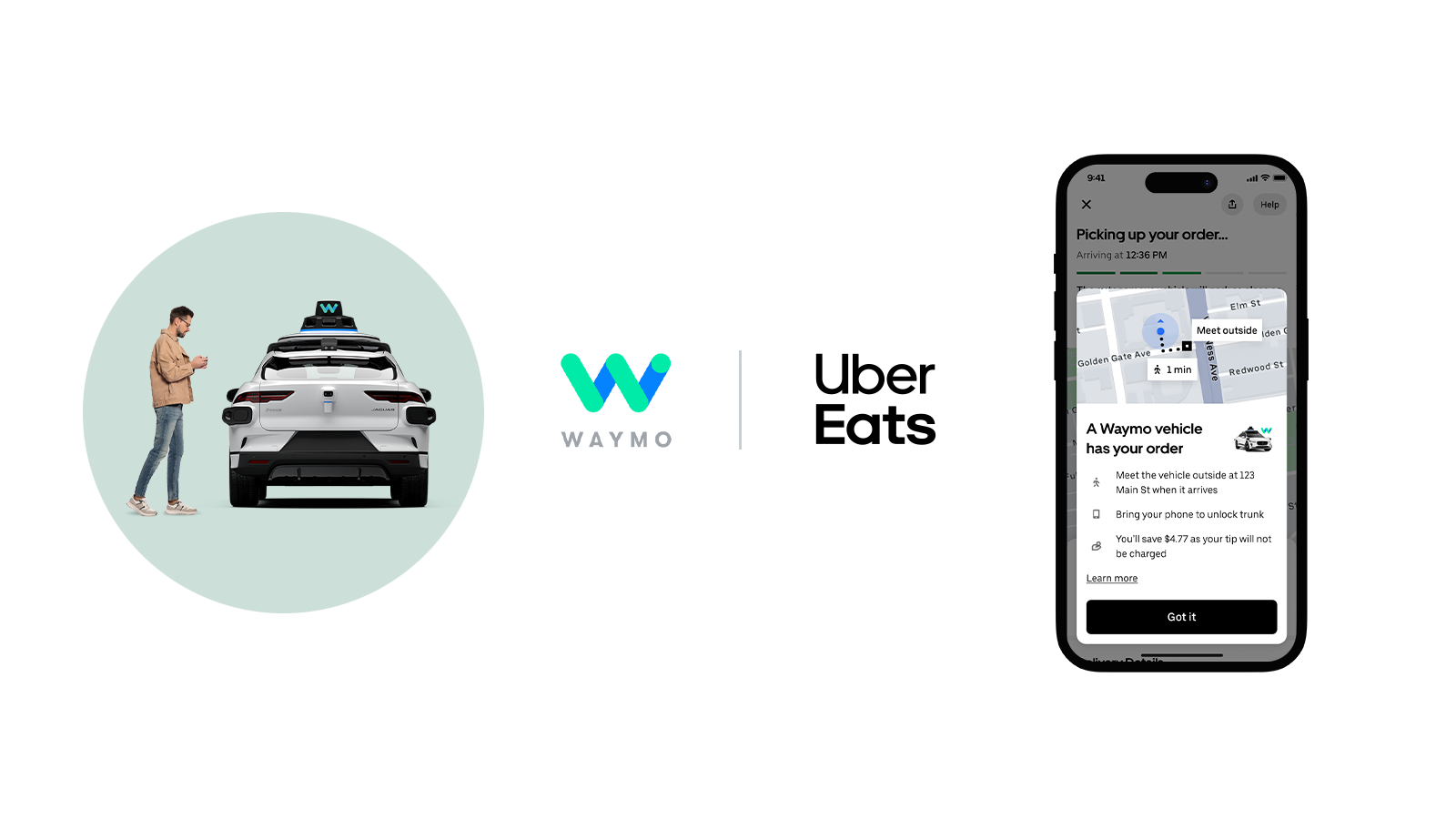 An Uber Eats user matching with a Waymo vehicle as its delivery car.