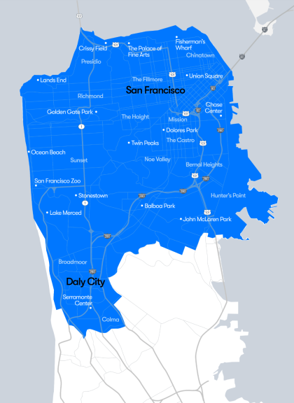 Mapa del territorio de San Francisco que cubre toda la ciudad y Daly City