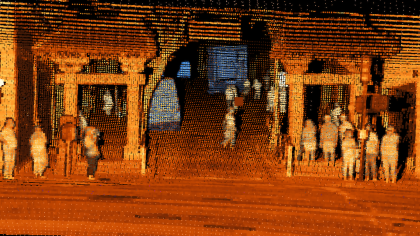 A lidar of people gathered around Dragon's Gate in San Francisco 