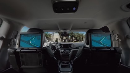 A photo from inside a Waymo One Pacifica minivan