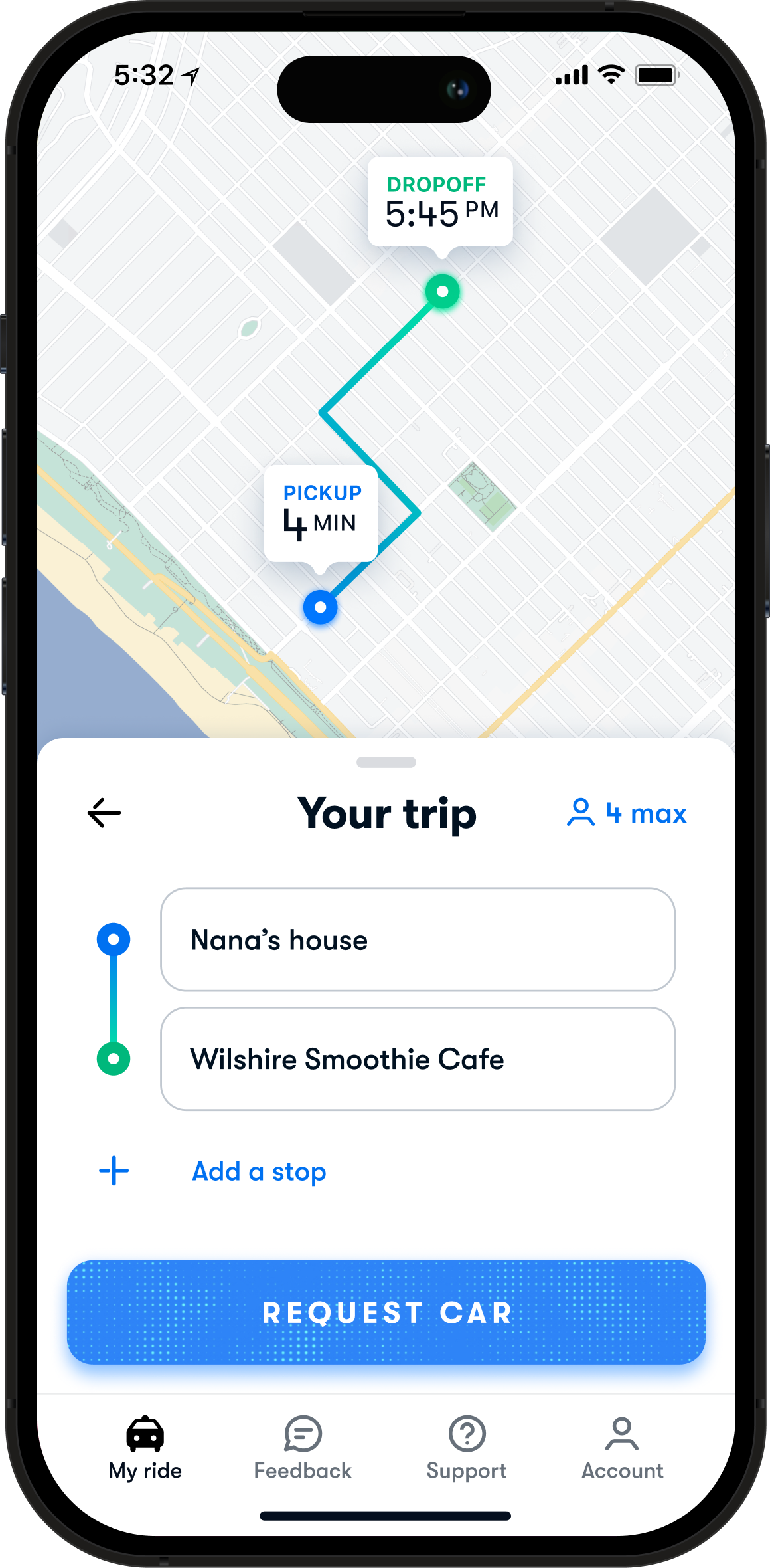 Smart phone displaying a Waymo One route