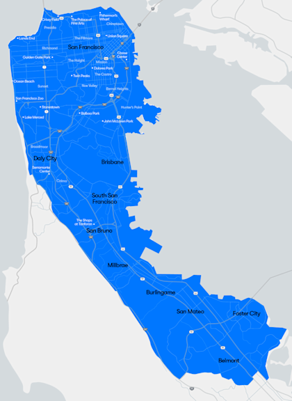 San Francisco Bay Area Service Area, covering San Francisco down to San Mateo