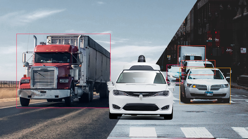 A rendering of a white Pacifica Waymo vehicle, straddling two scenes of a truck on a freeway and cars in an urban environment