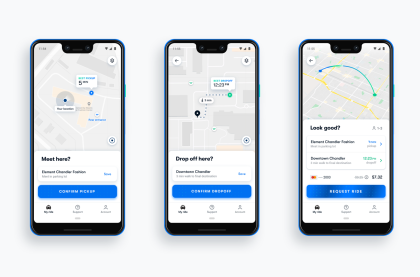 Screenshots of the Waymo One app illustrating the hailing experience