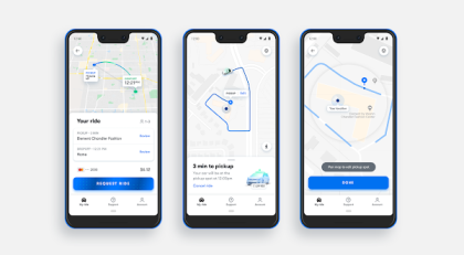 Waymo One app screenshots of requesting ride, navigation, and dropoff