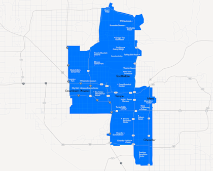 Waymo service area in Metro Phoenix, covering Scottsdale, Downtown, Tempe, Mesa, and Chandler