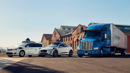 A photo of Waymo's fleet at the time, including a Pacifica minivan, I-PACE, and Class 8 truck