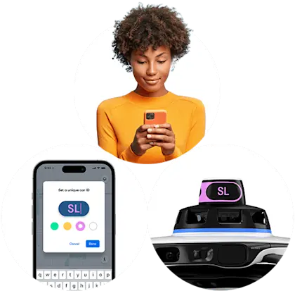 Image series showing woman on phone, the app screen where you can alter the letters on the vehicle, and the roof pod of the self-driving vehicle where the letters appear.