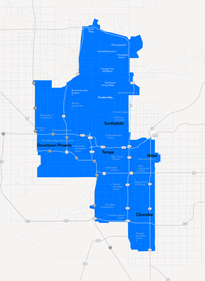 Territory map covering parts of Downtown Phoenix, Scottsdale, Tempe, Mesa, and Chandler.