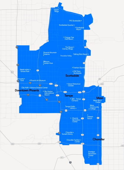 Territory map covering parts of Downtown Phoenix, Scottsdale, Tempe, Mesa, and Chandler.