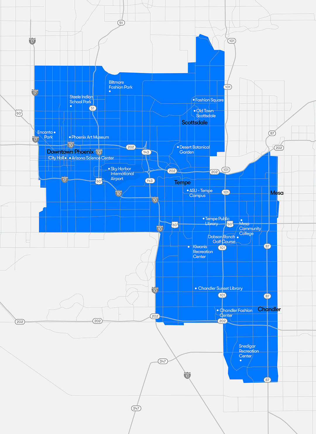 Territory map covering parts of Downtown Phoenix, Scottsdale, Tempe, Mesa, and Chandler.