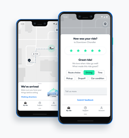 Images of the Waymo One app depicting the rider experience