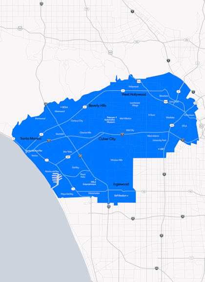 Waymo One LA territory covering Santa Monica to Downtown, and down to Irvine.