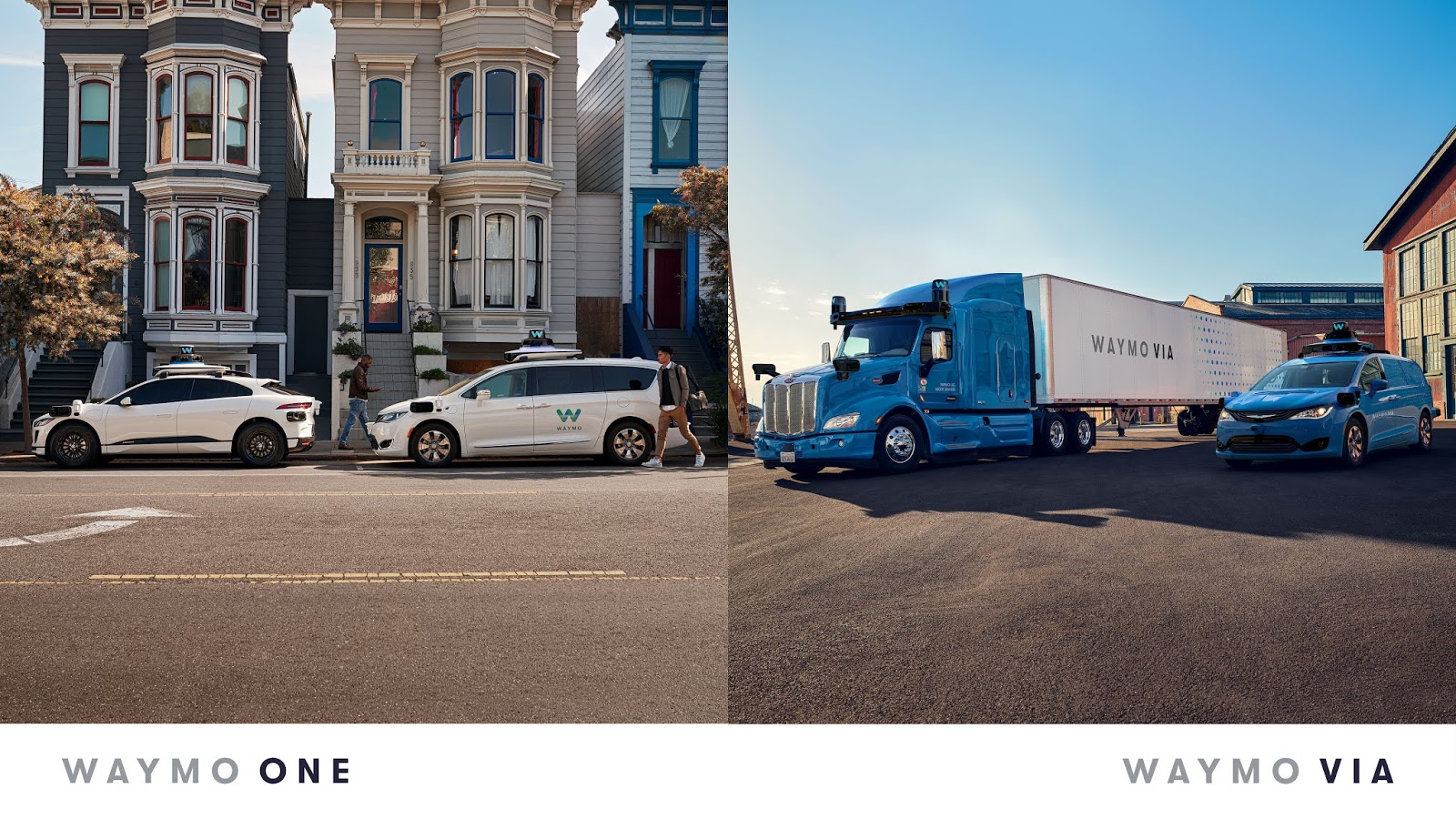 Side by side images of Waymo's Waymo One fleet, complete with a white I-PACE and Pacifica mini van, and Waymo Via fleet, featuring a blue Peter Bilt truck and Pacifica mini van