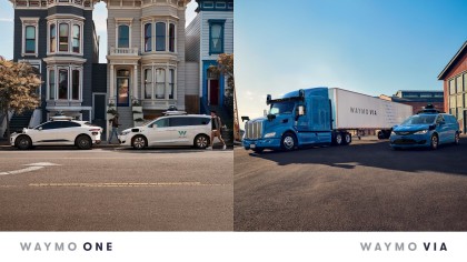 Side by side images of Waymo's Waymo One fleet, complete with a white I-PACE and Pacifica mini van, and Waymo Via fleet, featuring a blue Peter Bilt truck and Pacifica mini van