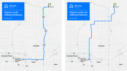 Example showing difference in time it takes on a Phoenix route for surface streets vs using freeways