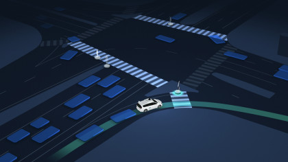 Waymo One in-car display: vehicle making right turn and waiting for pedestrian in crosswalk
