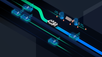 Render of scene depicting Waymo's trajectory through construction zone with other cars around