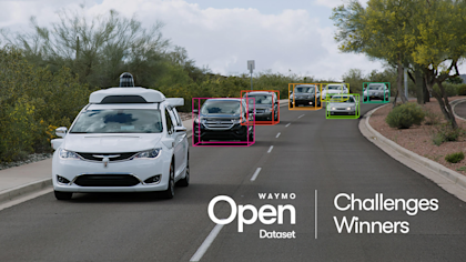 A photo of a white Waymo Pacifica mini van with cars in rainbow bounding boxes behind it