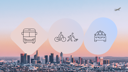 Blog header image with iconography of a bus, cyclist, pedestrian and Waymo vehicle