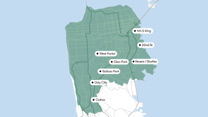 A map of the eight, eligible Bay Area transit stations supporting this pilot program, including Colma, Daly City, Balboa Park, Glen Park, West Portal, Revere/Shafter, 22nd Street, 4th & King.