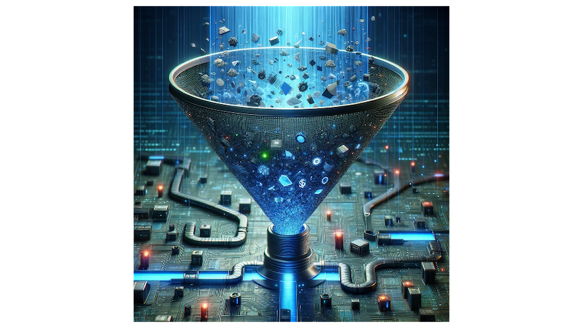 Image of data classification and blocking within a big data funnel, illustrating how data is processed, filtered, and protected in a digital environment.