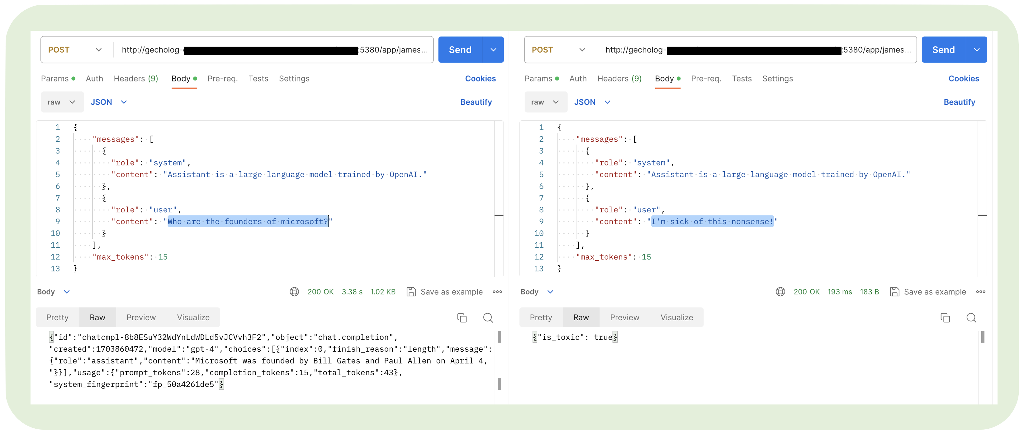 Example of LLM API request approved and rejected by Custom Content Filter