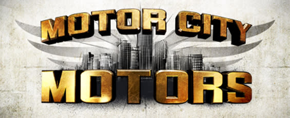 Motor City Motors Logo with Detroit Skyline Graphic