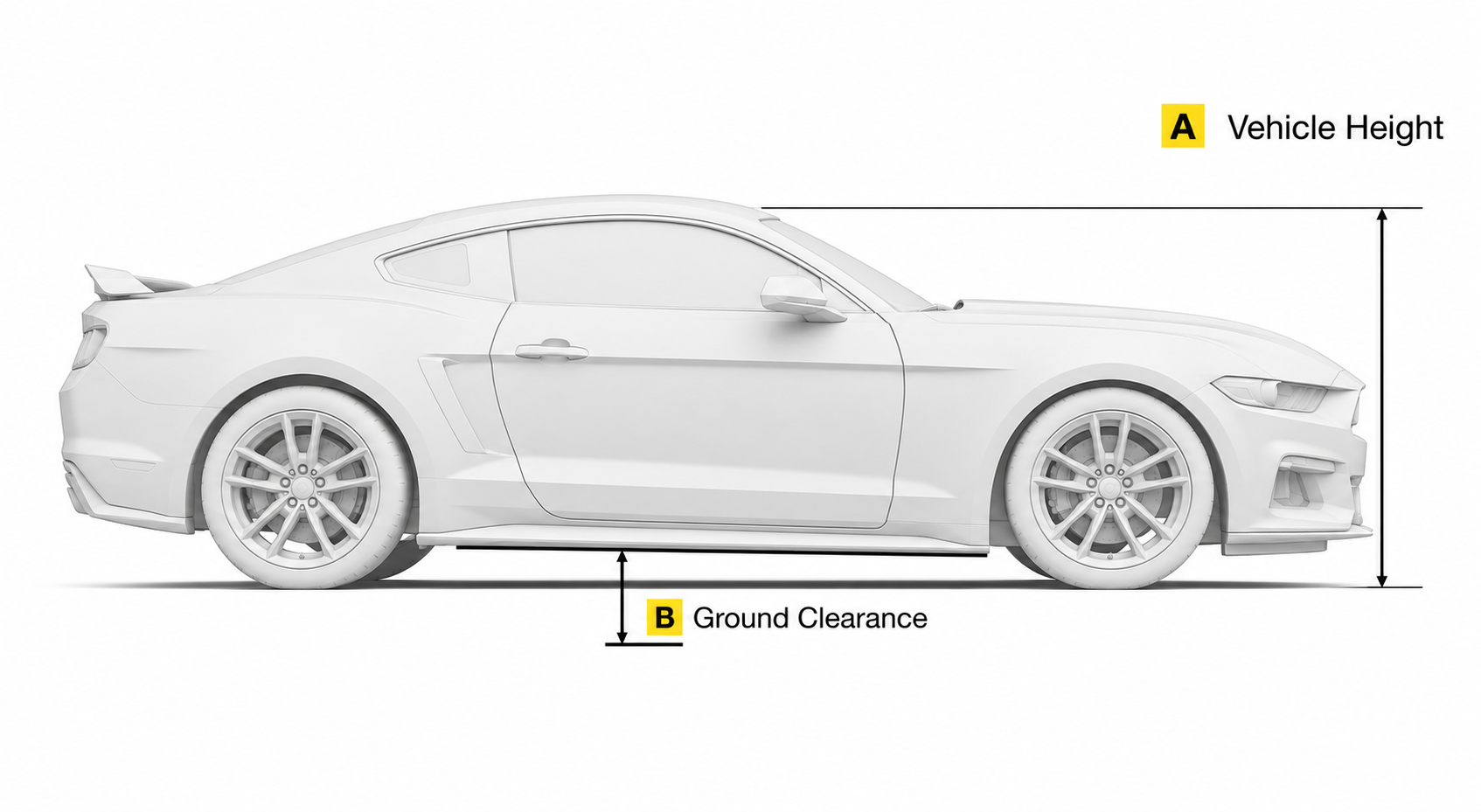 Height-check diagram showing (A) overall vehicle height measured to the roof and (B) lifting-point height measured to the lift pad contact point.