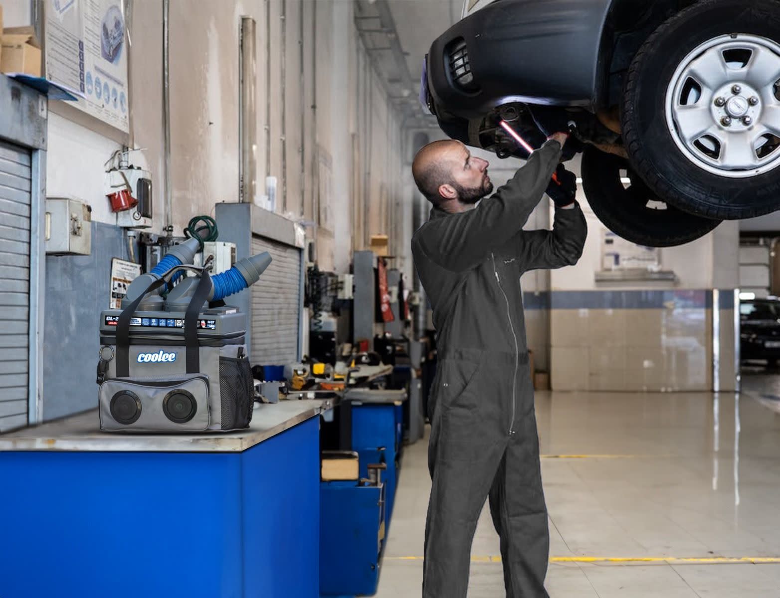 Coolee Portable Air Cooler in Automotive Shop Cooling Technician