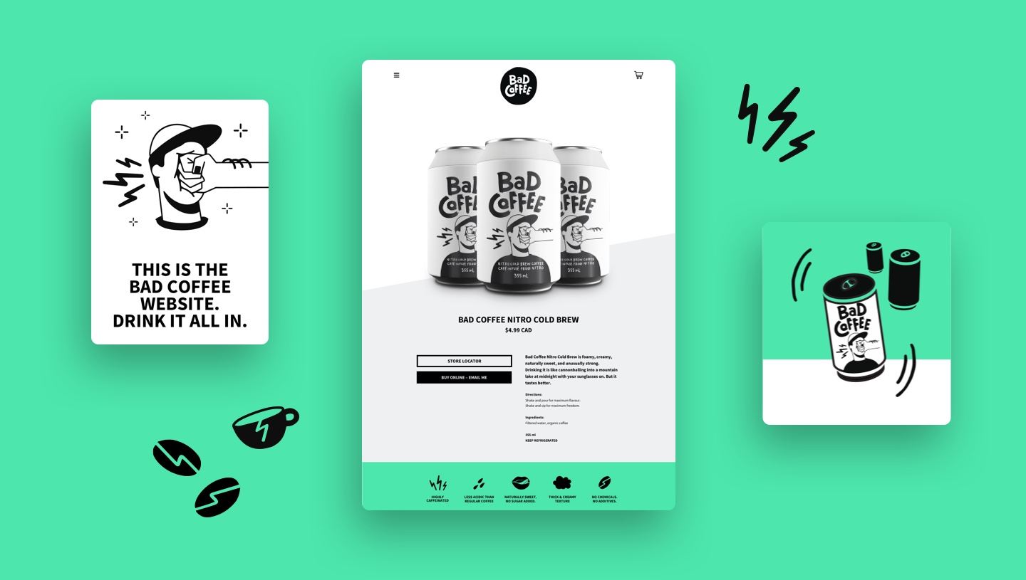 Three images show Bad Coffee marketing material and the websites eCommerce experience.