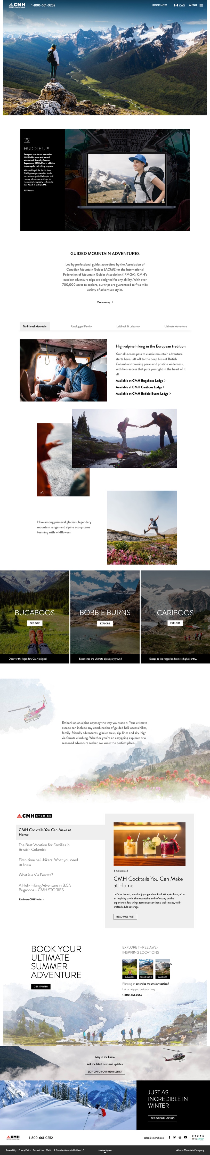 A scrollable version of the CMH home page details the mountain adventures on offer and the amenities found at the company's backcountry lodges. 