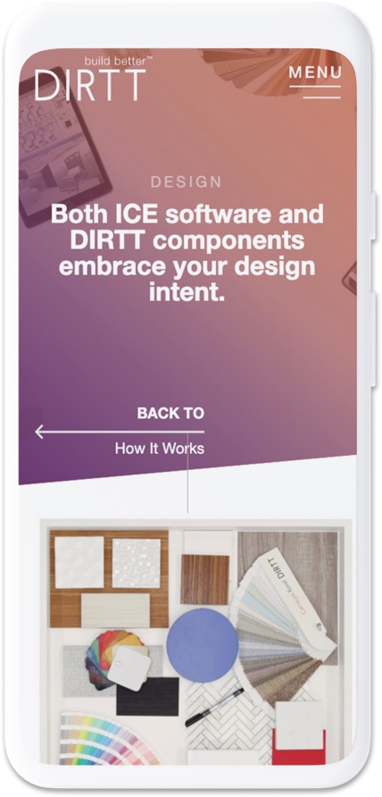 The design page of the DIRTT website displayed on a smartphoen.