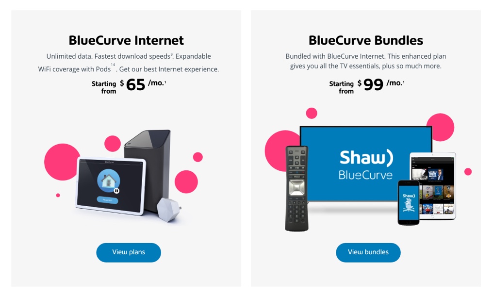 A Shaw web page details Internet packages as well as Internet and TV bundles. 