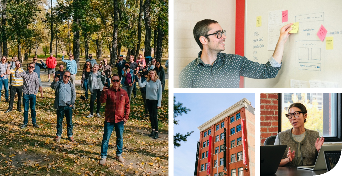 A four-image collage: employees raise their glasses toward the camera during a get-together in a city park,  man places sticky notes on a whiteboard, the 6-storey brick building that houses our offices, and a woman makes a point during a meeting around a boardroom table.
