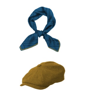 A knotted scarf and flat cap.