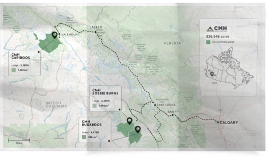 A map shows the locations and elevations of three of CMH's backcountry lodges.