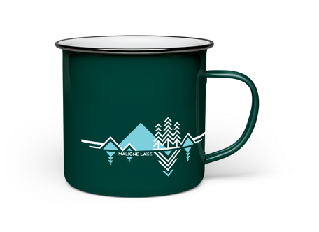 The Maligne Lake brand shown on a coffee cup. 