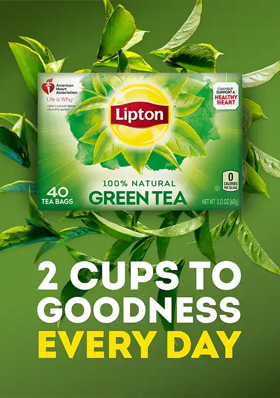 A 40-count box of Lipton Green Tea Bags in front of swirling green tea leaves on a green background. To the left is text that reads, "2 CUPS TO GOODNESS EVERY DAY"