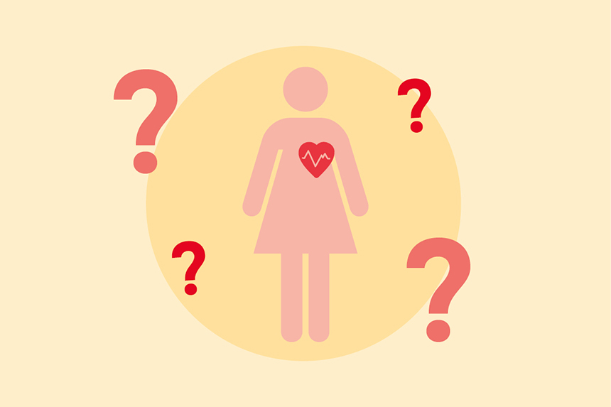 Illustration över kvinna med rött hjärta och frågetecken.